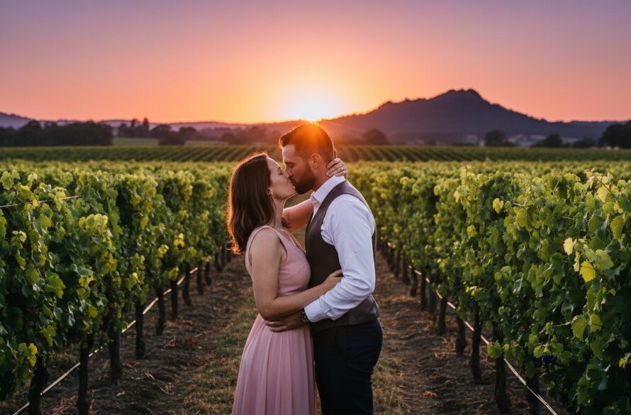 Epic moment: Intimate Heathcote Vineyard Pre-Wedding Photoshoot Victoria. Couple embracing passionately at sunset amidst lush grapevines, dramatic golden light.