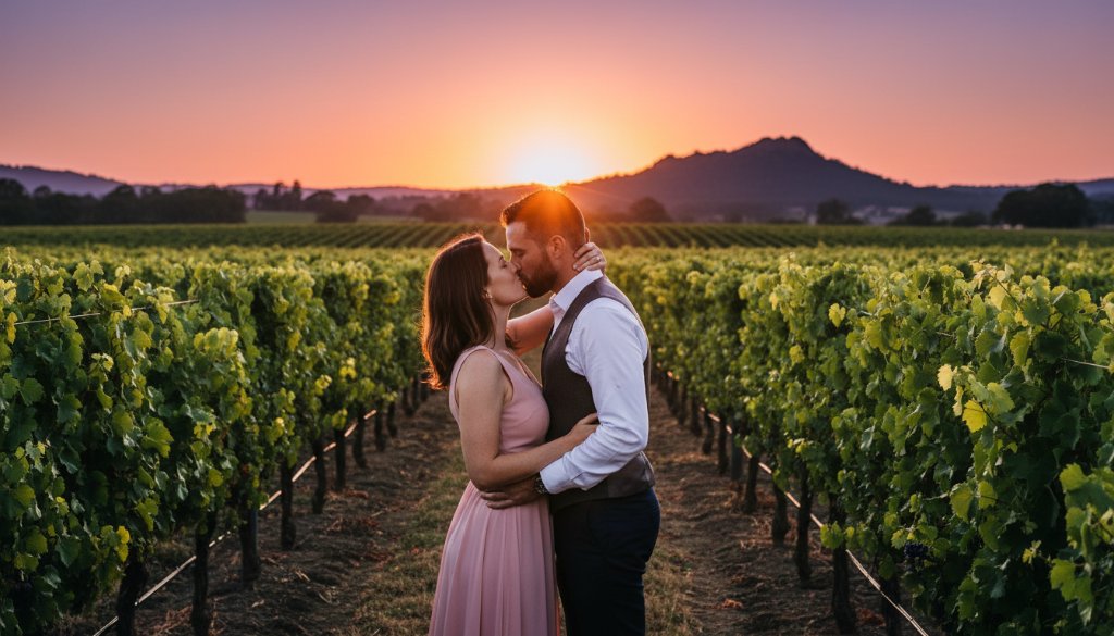 Epic moment: Intimate Heathcote Vineyard Pre-Wedding Photoshoot Victoria. Couple embracing passionately at sunset amidst lush grapevines, dramatic golden light.