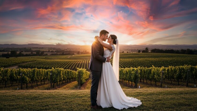 A dramatic wide shot showcasing an emotional couple embracing at sunset amidst rolling vineyards, capturing the essence of Intimate Heathcote Winery Wedding Photography Victoria with golden hour light.
