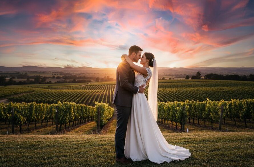 A dramatic wide shot showcasing an emotional couple embracing at sunset amidst rolling vineyards, capturing the essence of Intimate Heathcote Winery Wedding Photography Victoria with golden hour light.