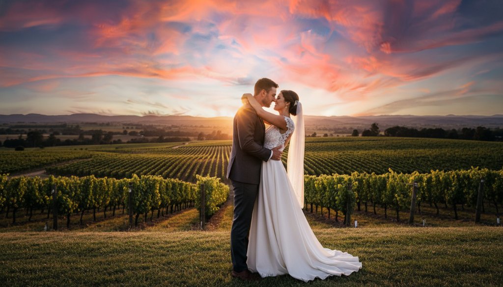 A dramatic wide shot showcasing an emotional couple embracing at sunset amidst rolling vineyards, capturing the essence of Intimate Heathcote Winery Wedding Photography Victoria with golden hour light.