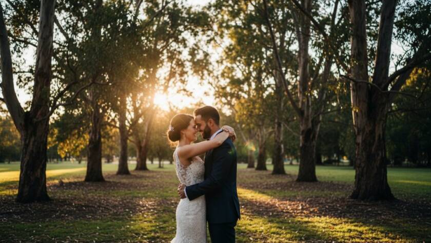 An intimate Heathmont wedding photography shot featuring a newlywed couple sharing a tender, joyful embrace under dappled sunlight in a lush Heathmont garden, captured with dramatic lighting and professional color grading.