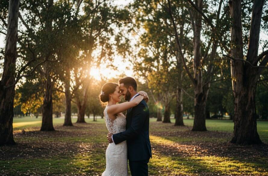 An intimate Heathmont wedding photography shot featuring a newlywed couple sharing a tender, joyful embrace under dappled sunlight in a lush Heathmont garden, captured with dramatic lighting and professional color grading.