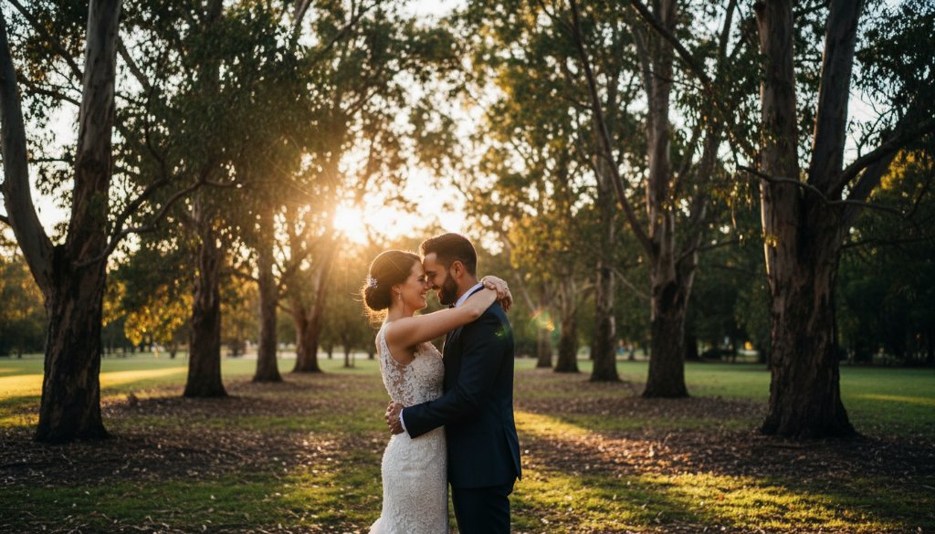 An intimate Heathmont wedding photography shot featuring a newlywed couple sharing a tender, joyful embrace under dappled sunlight in a lush Heathmont garden, captured with dramatic lighting and professional color grading.