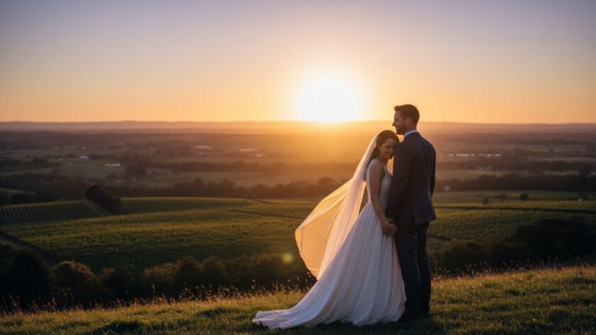 A newlywed couple shares an intimate moment at sunset, bathed in golden hour light with the rolling hills of Herne Hill, Victoria, Australia in the background, beautifully captured by an expert in intimate Herne Hill wedding photography Victoria.