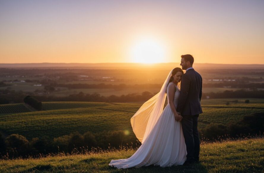 A newlywed couple shares an intimate moment at sunset, bathed in golden hour light with the rolling hills of Herne Hill, Victoria, Australia in the background, beautifully captured by an expert in intimate Herne Hill wedding photography Victoria.