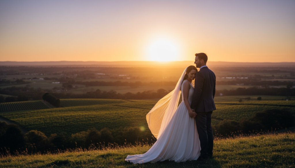 A newlywed couple shares an intimate moment at sunset, bathed in golden hour light with the rolling hills of Herne Hill, Victoria, Australia in the background, beautifully captured by an expert in intimate Herne Hill wedding photography Victoria.