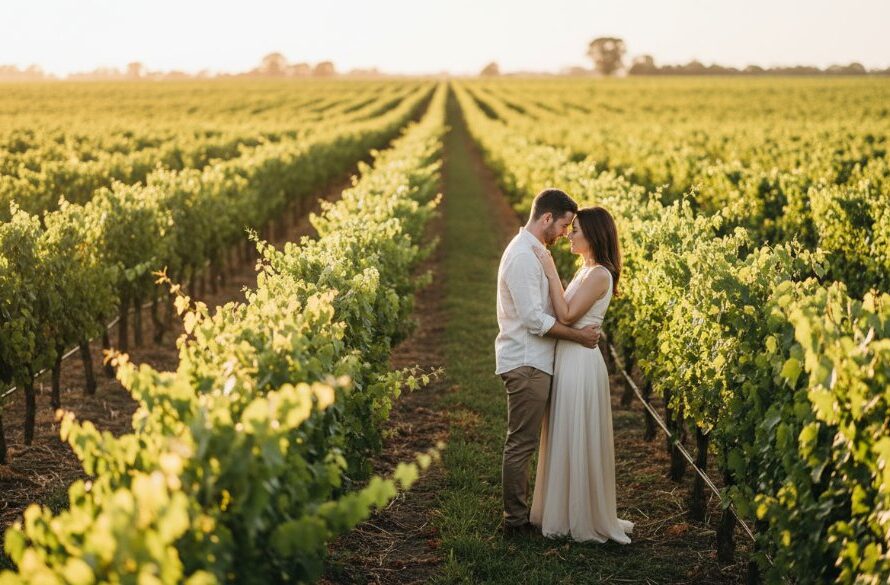An intimate Irymple engagement photography for modern couples shot at sunset, featuring a young couple embracing in a golden vineyard, with warm, dramatic lighting highlighting their joy and connection. The landscape of Irymple, Victoria, stretches behind them.