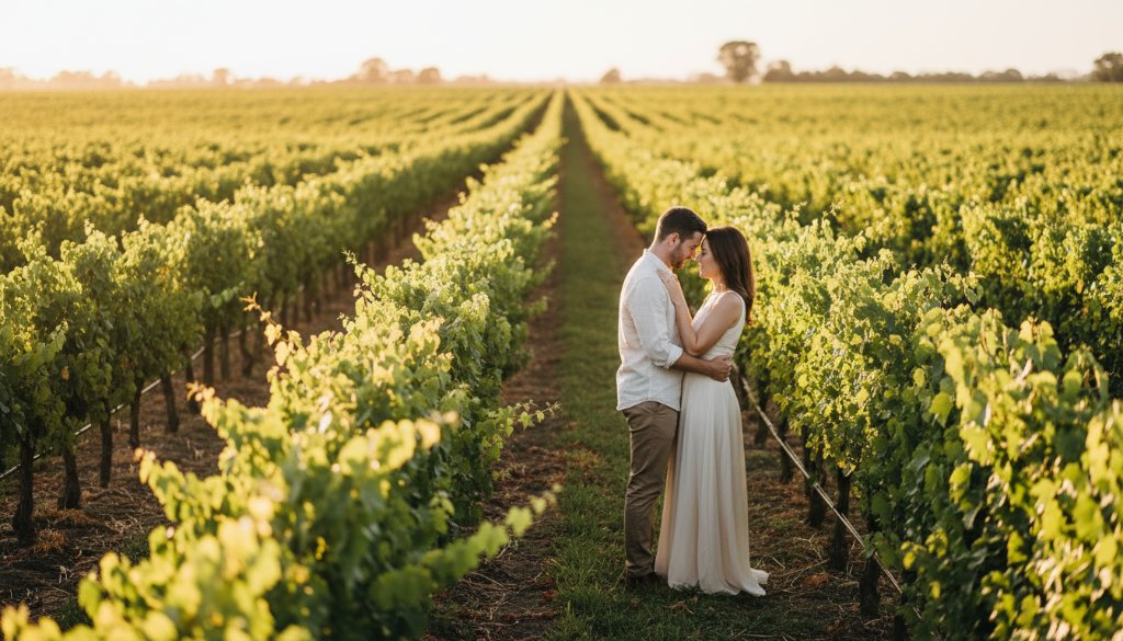 An intimate Irymple engagement photography for modern couples shot at sunset, featuring a young couple embracing in a golden vineyard, with warm, dramatic lighting highlighting their joy and connection. The landscape of Irymple, Victoria, stretches behind them.