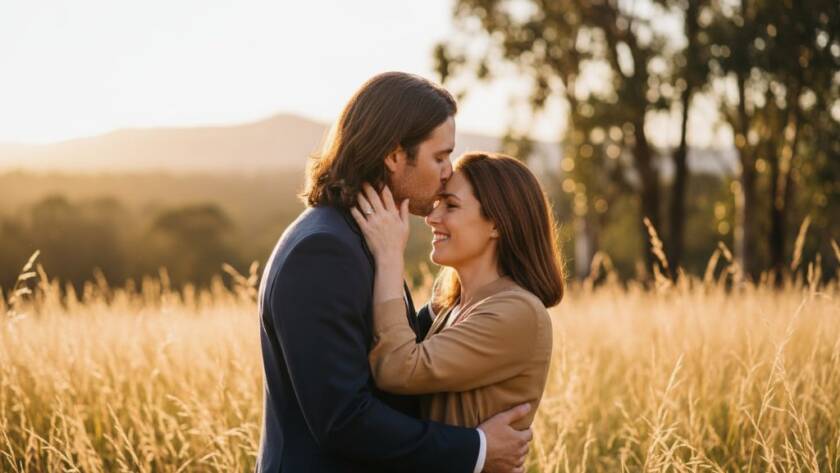 An intimate moment captured in Intimate Knoxfield Engagement Photography Victoria, featuring a couple embracing warmly at sunset in a scenic park, with golden hour light enhancing their love story.