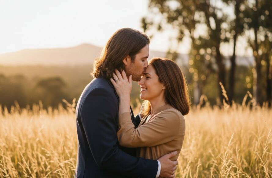An intimate moment captured in Intimate Knoxfield Engagement Photography Victoria, featuring a couple embracing warmly at sunset in a scenic park, with golden hour light enhancing their love story.