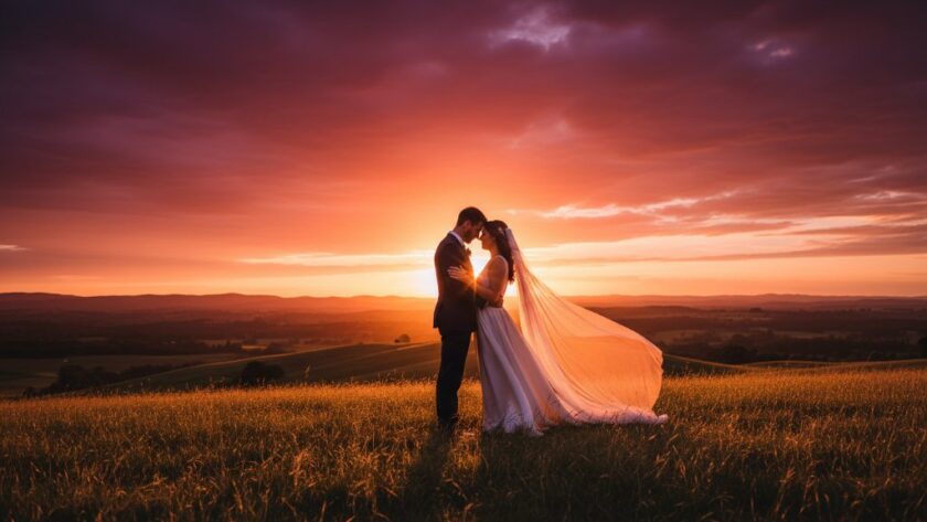 An intimate Kyneton pre-wedding photoshoot locations Victoria 'epic moment' photograph featuring a couple in a loving embrace amidst the golden hour light of Kyneton's rustic countryside, showcasing deep emotional connection and the region's natural beauty.