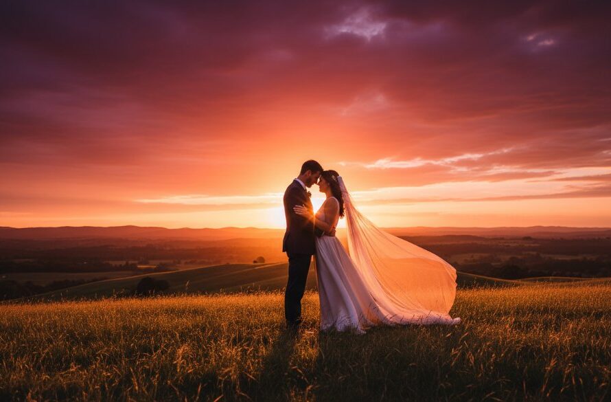 An intimate Kyneton pre-wedding photoshoot locations Victoria 'epic moment' photograph featuring a couple in a loving embrace amidst the golden hour light of Kyneton's rustic countryside, showcasing deep emotional connection and the region's natural beauty.