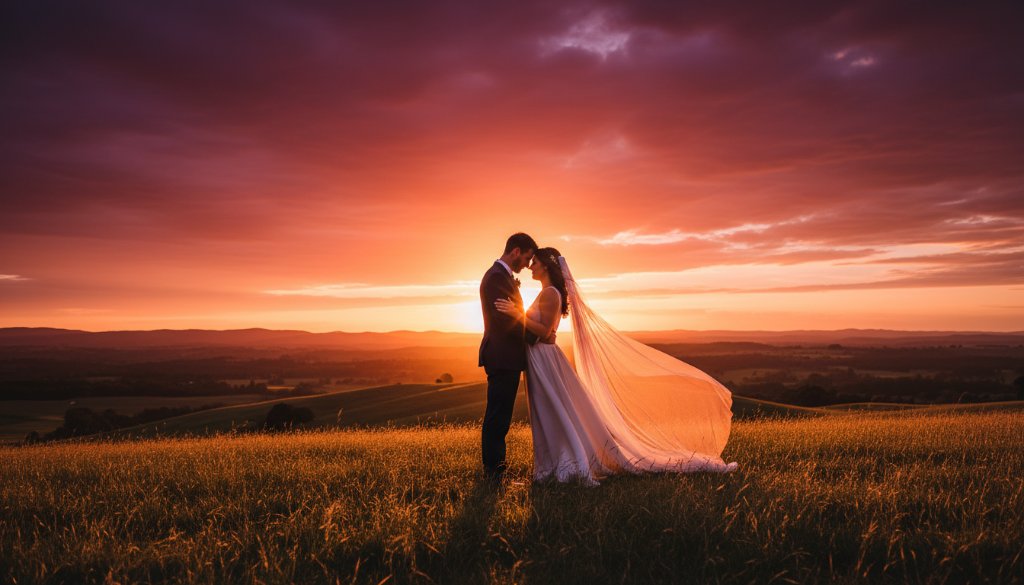 An intimate Kyneton pre-wedding photoshoot locations Victoria 'epic moment' photograph featuring a couple in a loving embrace amidst the golden hour light of Kyneton's rustic countryside, showcasing deep emotional connection and the region's natural beauty.