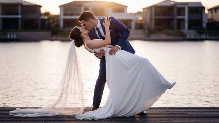 An enchanting moment captured during intimate lakeside wedding photography Waterways Victoria, featuring a newlywed couple sharing a tender kiss at sunset by the glistening lake, with dramatic, warm light reflecting off the water. Professional, cinematic wedding photography.