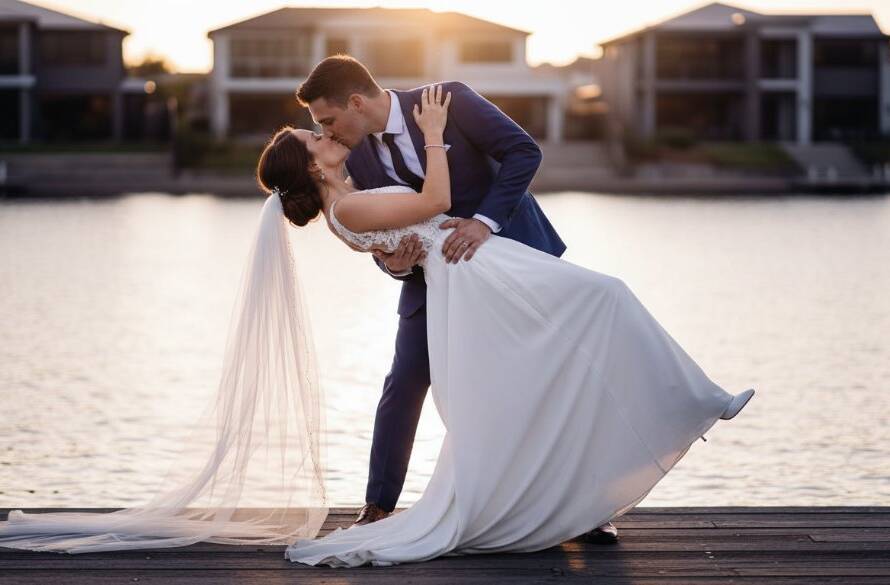 An enchanting moment captured during intimate lakeside wedding photography Waterways Victoria, featuring a newlywed couple sharing a tender kiss at sunset by the glistening lake, with dramatic, warm light reflecting off the water. Professional, cinematic wedding photography.