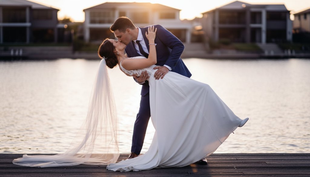 An enchanting moment captured during intimate lakeside wedding photography Waterways Victoria, featuring a newlywed couple sharing a tender kiss at sunset by the glistening lake, with dramatic, warm light reflecting off the water. Professional, cinematic wedding photography.