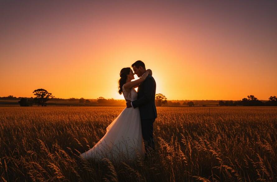 An intimate Lang Lang wedding photography experience captured, showing a newlywed couple embracing passionately at sunset amidst the rural beauty of Lang Lang, dramatic golden hour light silhouetting them against a distant eucalyptus forest.