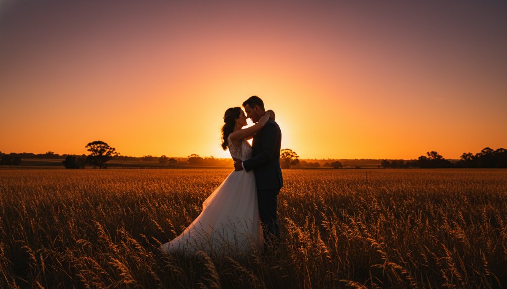 An intimate Lang Lang wedding photography experience captured, showing a newlywed couple embracing passionately at sunset amidst the rural beauty of Lang Lang, dramatic golden hour light silhouetting them against a distant eucalyptus forest.