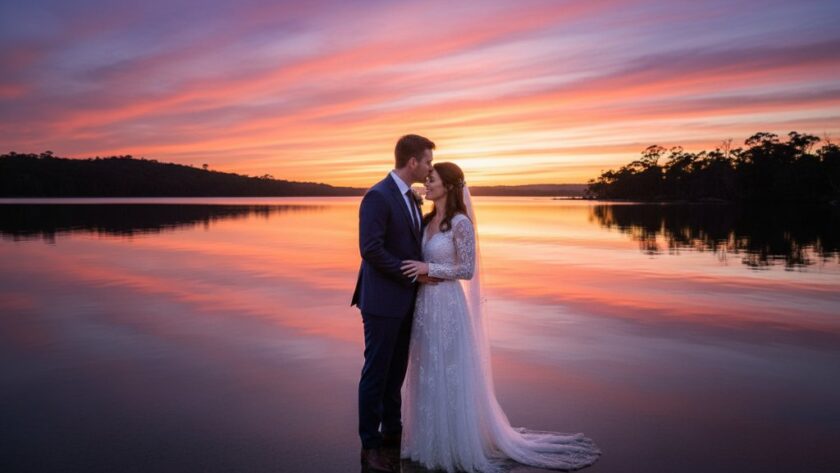 A newlywed couple shares a tender, intimate moment by the shimmering lake at sunset, perfectly captured as part of their intimate Mallacoota lakeside wedding photography, with the vibrant hues of the Australian bushland reflecting in the water.