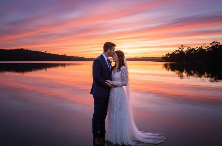 A newlywed couple shares a tender, intimate moment by the shimmering lake at sunset, perfectly captured as part of their intimate Mallacoota lakeside wedding photography, with the vibrant hues of the Australian bushland reflecting in the water.