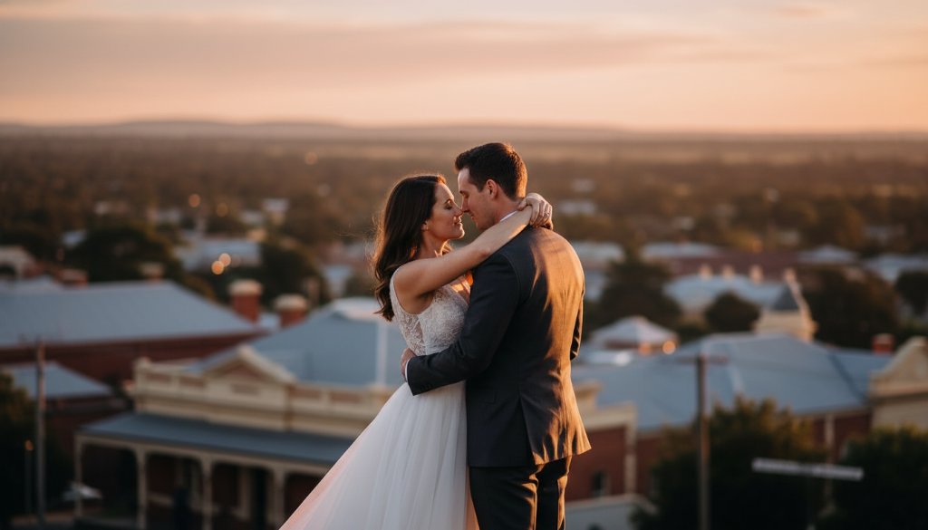 An epic moment captured in Intimate Maryborough Victoria Wedding Photography, showing a newly married couple sharing a tender kiss under the dramatic golden light of a setting sun, with the historic Maryborough Post Office facade blurred beautifully in the background. The scene is professionally colour-graded with a warm, romantic glow.