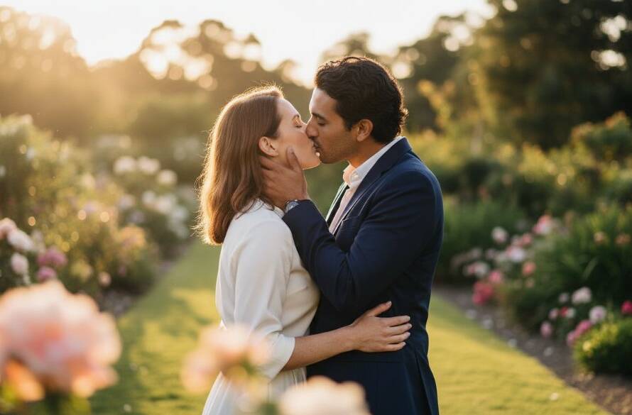 A couple shares a tender embrace at sunset amidst a blooming garden in McKinnon, Victoria, creating timeless and intimate McKinnon pre-wedding photos Victoria, with golden hour light highlighting their joyous expressions.