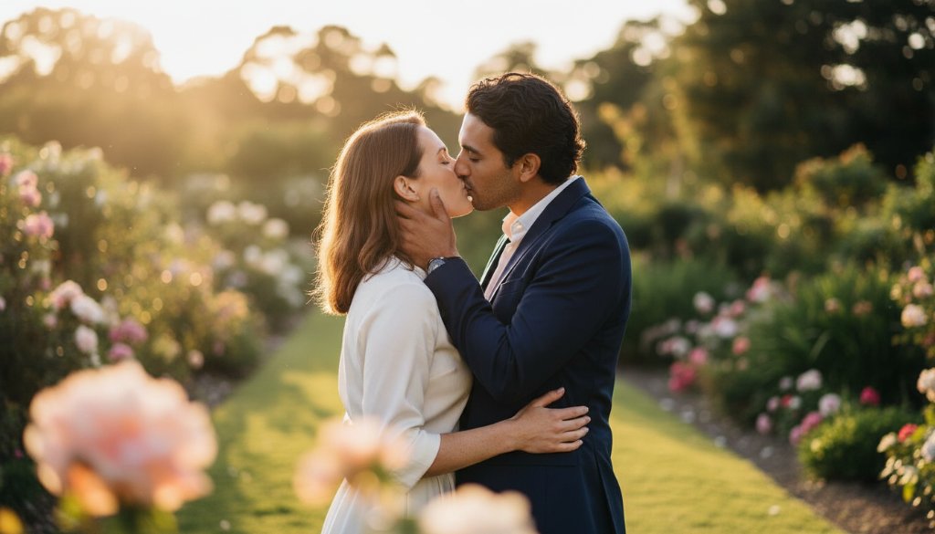 A couple shares a tender embrace at sunset amidst a blooming garden in McKinnon, Victoria, creating timeless and intimate McKinnon pre-wedding photos Victoria, with golden hour light highlighting their joyous expressions.