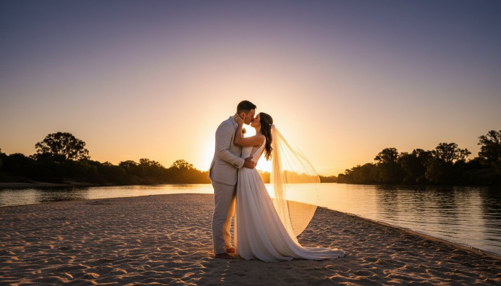 An epic moment of a newlywed couple embracing passionately under the golden hour light by the Murray River, captured through Intimate Merbein Riverside Wedding Photography Victoria, showcasing the stunning natural beauty of the region.