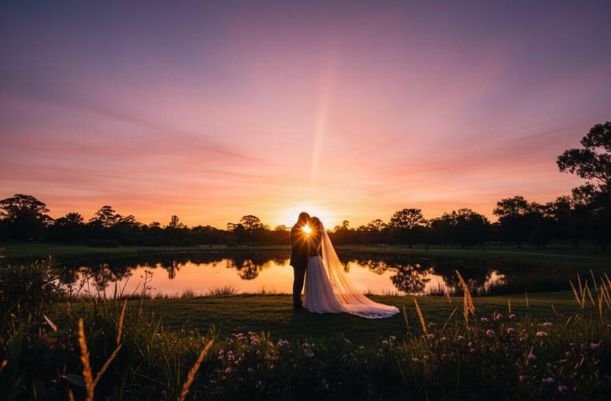 An epic moment of a newlywed couple embracing under dramatic sunset light in a picturesque Mitcham park, beautifully captured for 'Intimate Mitcham Wedding Photography Victoria' portfolio.