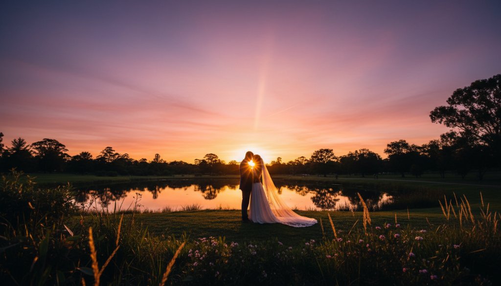 An epic moment of a newlywed couple embracing under dramatic sunset light in a picturesque Mitcham park, beautifully captured for 'Intimate Mitcham Wedding Photography Victoria' portfolio.