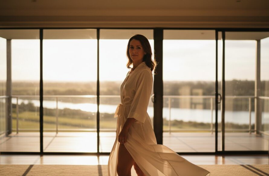A powerful and intimate portrait of a woman bathed in soft golden hour light, celebrating her confidence during an Intimate Moama Boudoir Photography for Empowerment session, with a subtle hint of the Murray River landscape in the background, capturing her strength and beauty.