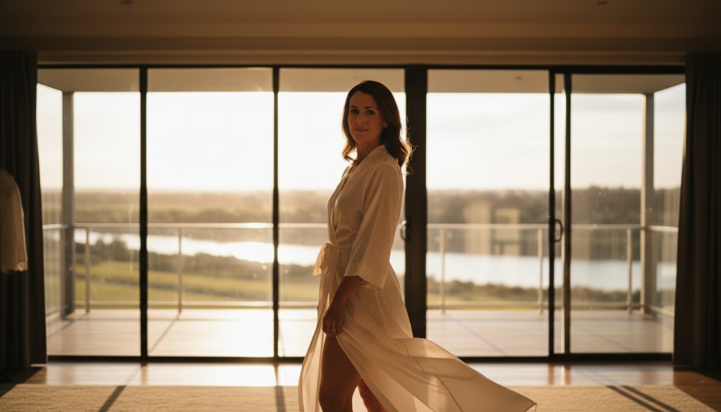 A powerful and intimate portrait of a woman bathed in soft golden hour light, celebrating her confidence during an Intimate Moama Boudoir Photography for Empowerment session, with a subtle hint of the Murray River landscape in the background, capturing her strength and beauty.