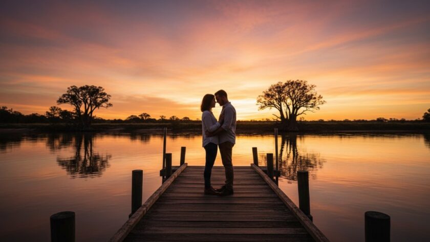 A stunning wide-angle shot capturing an intimate Moama riverside engagement photography moment at sunset, with a couple silhouetted against the golden light over the Murray River, showcasing their tender embrace on a rustic jetty, with dramatic clouds and professional colour grading.
