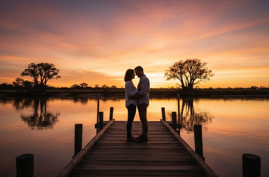 A stunning wide-angle shot capturing an intimate Moama riverside engagement photography moment at sunset, with a couple silhouetted against the golden light over the Murray River, showcasing their tender embrace on a rustic jetty, with dramatic clouds and professional colour grading.