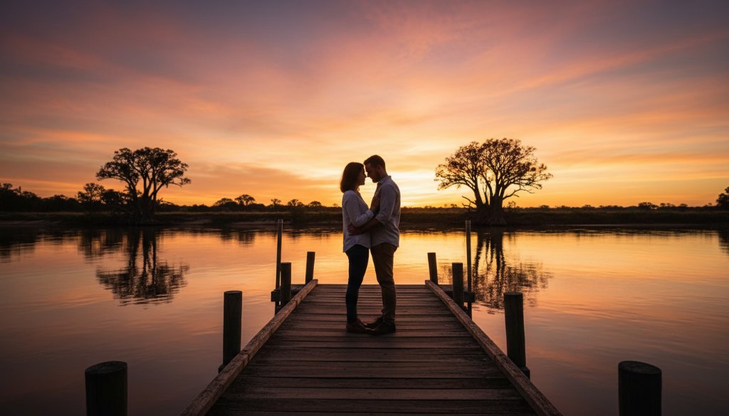 A stunning wide-angle shot capturing an intimate Moama riverside engagement photography moment at sunset, with a couple silhouetted against the golden light over the Murray River, showcasing their tender embrace on a rustic jetty, with dramatic clouds and professional colour grading.