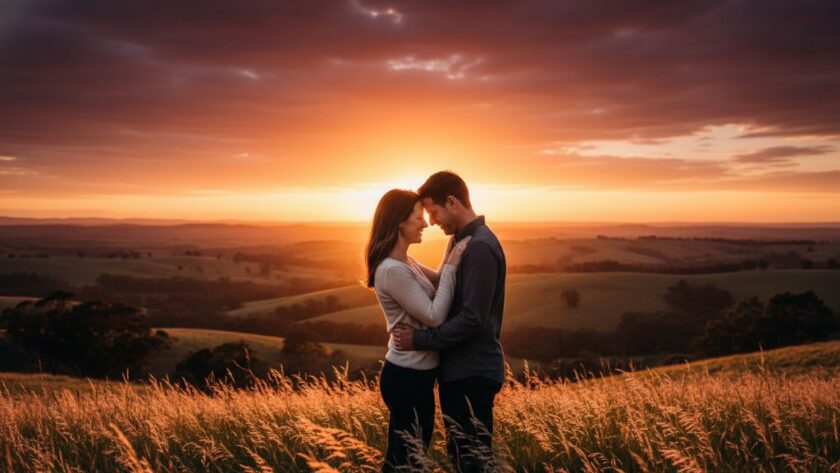 A romantic, cinematic photograph showcasing an engaged couple sharing a tender moment at one of the intimate Moe engagement photoshoot locations Victoria offers, bathed in golden hour light with the beautiful natural landscape of Gippsland in the background.