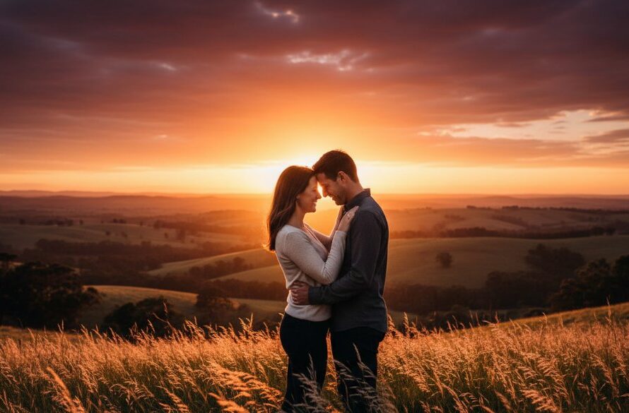 A romantic, cinematic photograph showcasing an engaged couple sharing a tender moment at one of the intimate Moe engagement photoshoot locations Victoria offers, bathed in golden hour light with the beautiful natural landscape of Gippsland in the background.