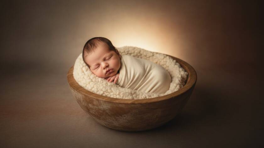 A heartwarming, softly lit photograph capturing an intimate newborn photography Croydon Hills moment, with a tiny baby sleeping peacefully wrapped in a delicate blanket, held gently by loving parents' hands, set against a blurred, dreamlike backdrop evoking the peaceful charm of Croydon Hills at dawn. The scene is professionally colour-graded with dramatic, warm lighting.