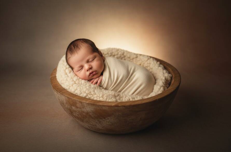 A heartwarming, softly lit photograph capturing an intimate newborn photography Croydon Hills moment, with a tiny baby sleeping peacefully wrapped in a delicate blanket, held gently by loving parents' hands, set against a blurred, dreamlike backdrop evoking the peaceful charm of Croydon Hills at dawn. The scene is professionally colour-graded with dramatic, warm lighting.