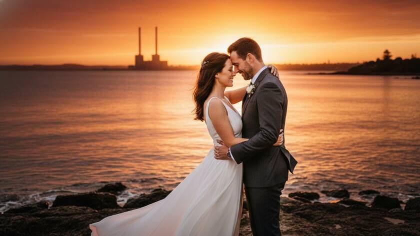 A stunning, wide-angle shot of a newly married couple sharing a tender, intimate kiss against the dramatic sunset over the Newport foreshore, highlighting the beauty of intimate Newport wedding photography capturing genuine moments, with the iconic Newport Power Station silhouetted in the background.