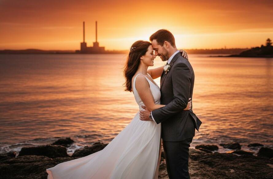 A stunning, wide-angle shot of a newly married couple sharing a tender, intimate kiss against the dramatic sunset over the Newport foreshore, highlighting the beauty of intimate Newport wedding photography capturing genuine moments, with the iconic Newport Power Station silhouetted in the background.