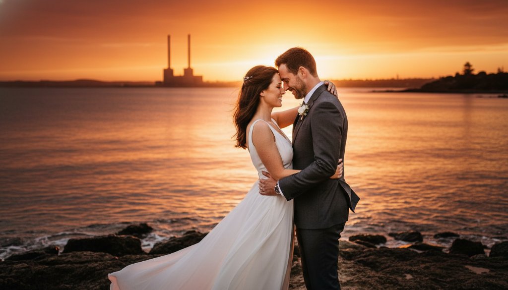A stunning, wide-angle shot of a newly married couple sharing a tender, intimate kiss against the dramatic sunset over the Newport foreshore, highlighting the beauty of intimate Newport wedding photography capturing genuine moments, with the iconic Newport Power Station silhouetted in the background.