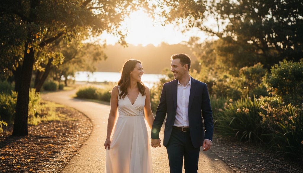 An epic moment captured during intimate Nunawading pre-wedding photography Victoria, featuring a couple embracing passionately at sunset in a lush botanical garden, bathed in golden light with blurred greenery in the background.