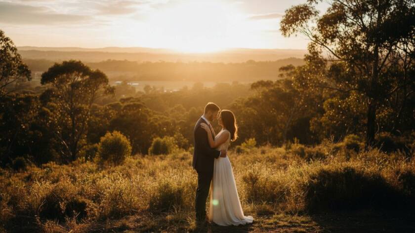 An emotionally resonant, wide-angle shot of a couple sharing an intimate moment during their pre-wedding photography session in Botanic Ridge, bathed in golden hour light, with rolling hills and lush greenery in the background, professionally colour graded.