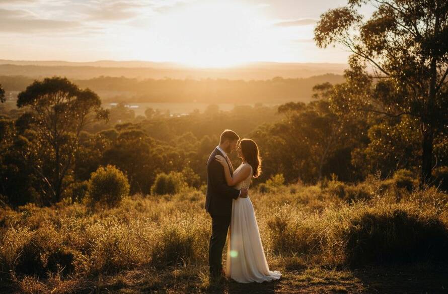 An emotionally resonant, wide-angle shot of a couple sharing an intimate moment during their pre-wedding photography session in Botanic Ridge, bathed in golden hour light, with rolling hills and lush greenery in the background, professionally colour graded.