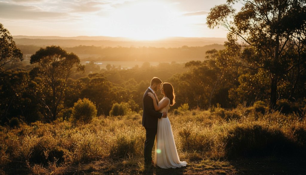 An emotionally resonant, wide-angle shot of a couple sharing an intimate moment during their pre-wedding photography session in Botanic Ridge, bathed in golden hour light, with rolling hills and lush greenery in the background, professionally colour graded.