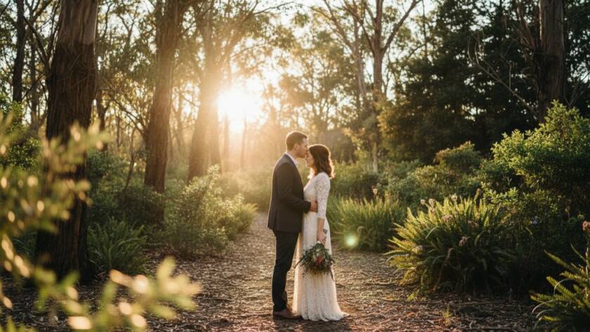 An intimate pre-wedding photography Croydon Hills nature trails moment: A couple in a warm embrace under dramatic golden hour light, framed by towering eucalyptus trees, reflecting their profound connection in a cinematic shot.