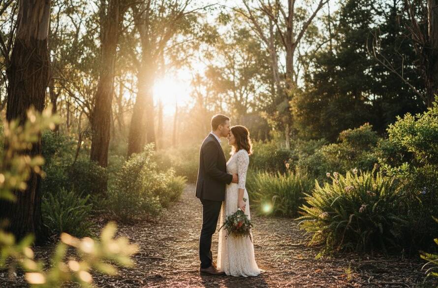 An intimate pre-wedding photography Croydon Hills nature trails moment: A couple in a warm embrace under dramatic golden hour light, framed by towering eucalyptus trees, reflecting their profound connection in a cinematic shot.