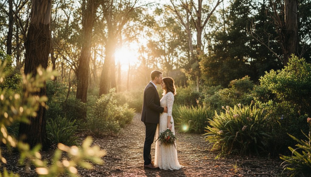 An intimate pre-wedding photography Croydon Hills nature trails moment: A couple in a warm embrace under dramatic golden hour light, framed by towering eucalyptus trees, reflecting their profound connection in a cinematic shot.